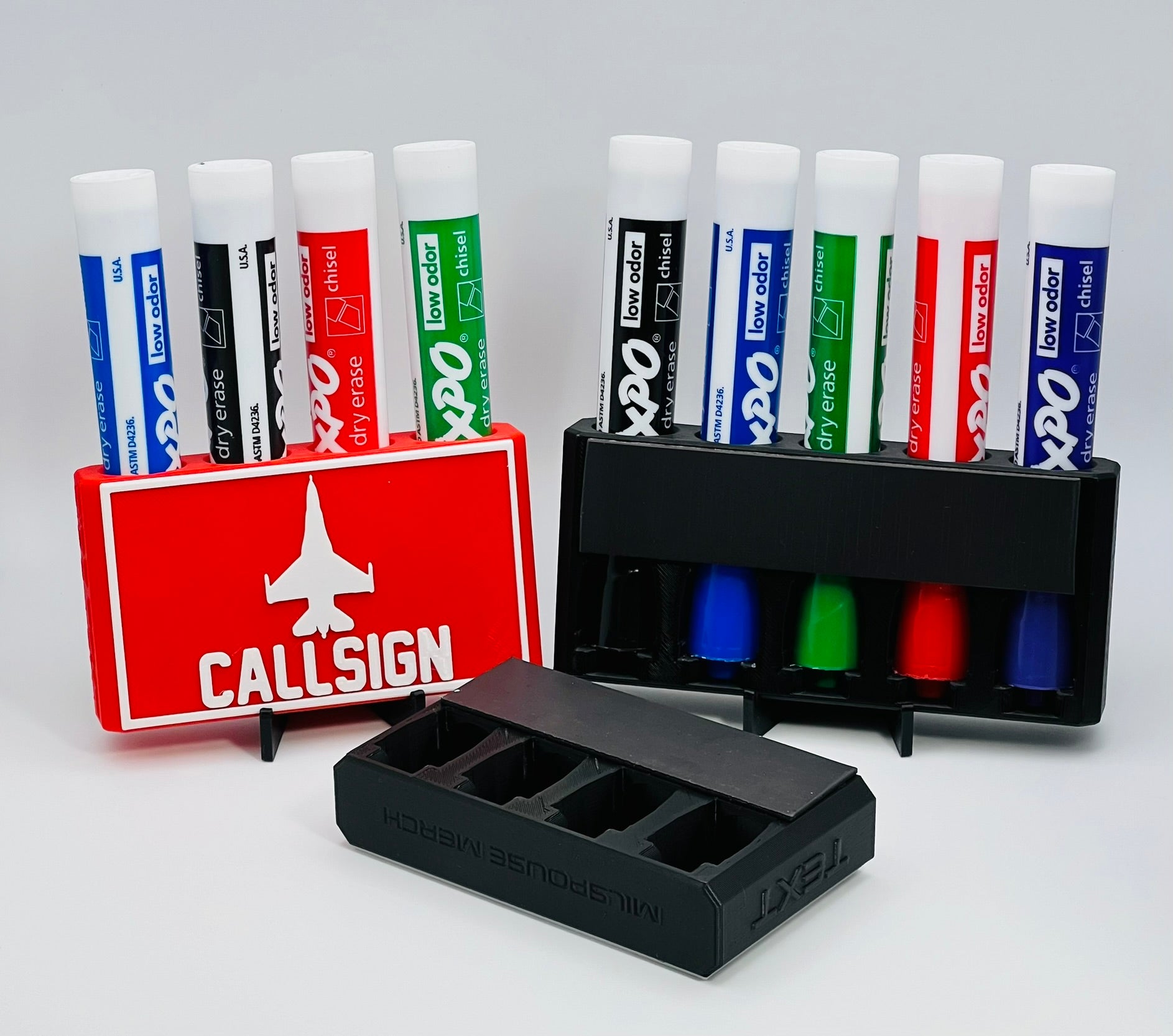 Custom Dry Erase Marker Holders that can have Callsigns, Jet silhouettes, and Side Text added to them. Jets include A-10, F-15, F-16, F-18, F-22, F-35, B-1, B-2, B-52, E-3, Mq-9, T-6, T-8, C-17, C-130, E-8, U-28.  A perfect gift for military pilots. Available in Chisel Tip, Fine Tip and Visa-Vi