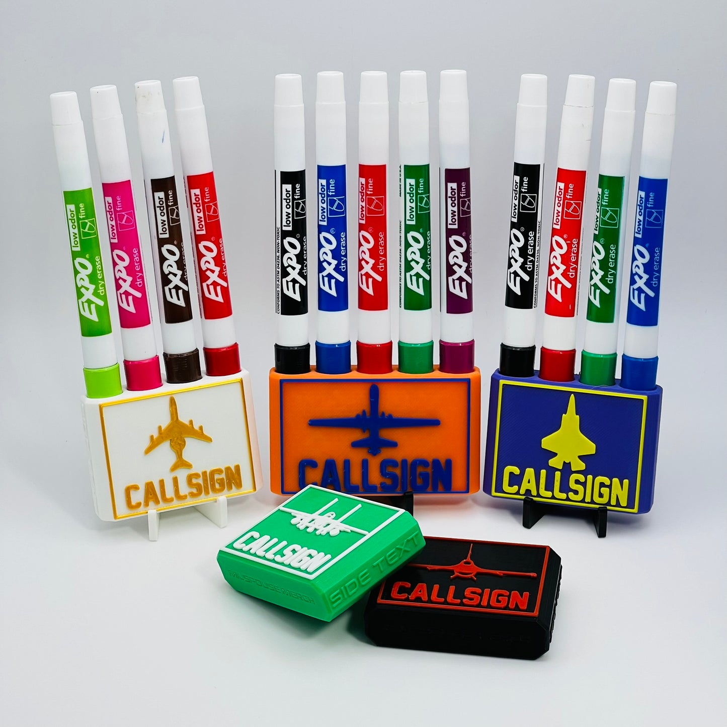 Custom Dry Erase Marker Holders that can have Callsigns, Jet silhouettes, and Side Text added to them. Jets include A-10, F-15, F-16, F-18, F-22, F-35, B-1, B-2, B-52, E-3, Mq-9, T-6, T-8, C-17, C-130, E-8, U-28. A perfect gift for military pilots. Available in Chisel Tip, Fine Tip and Visa-Vi.