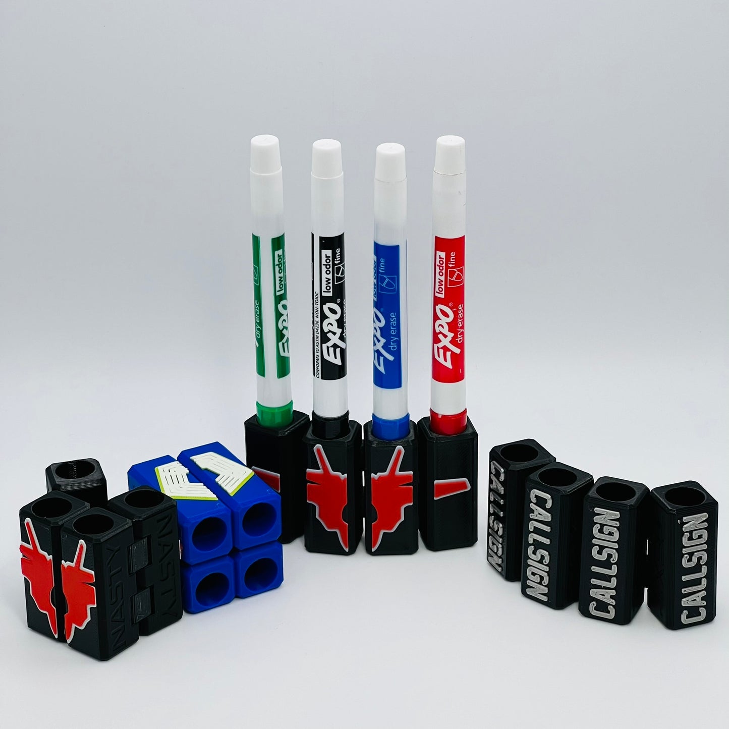 Custom Dry Erase Marker Holders that can have Callsigns, Jet silhouettes, and Side Text added to them. Jets include A-10, F-15, F-16, F-18, F-22, F-35, B-1, B-2, B-52, E-3, Mq-9, T-6, T-8, C-17, C-130, E-8, U-28. A perfect gift for military pilots. Available in Chisel Tip, Fine Tip and Visa-Vi.