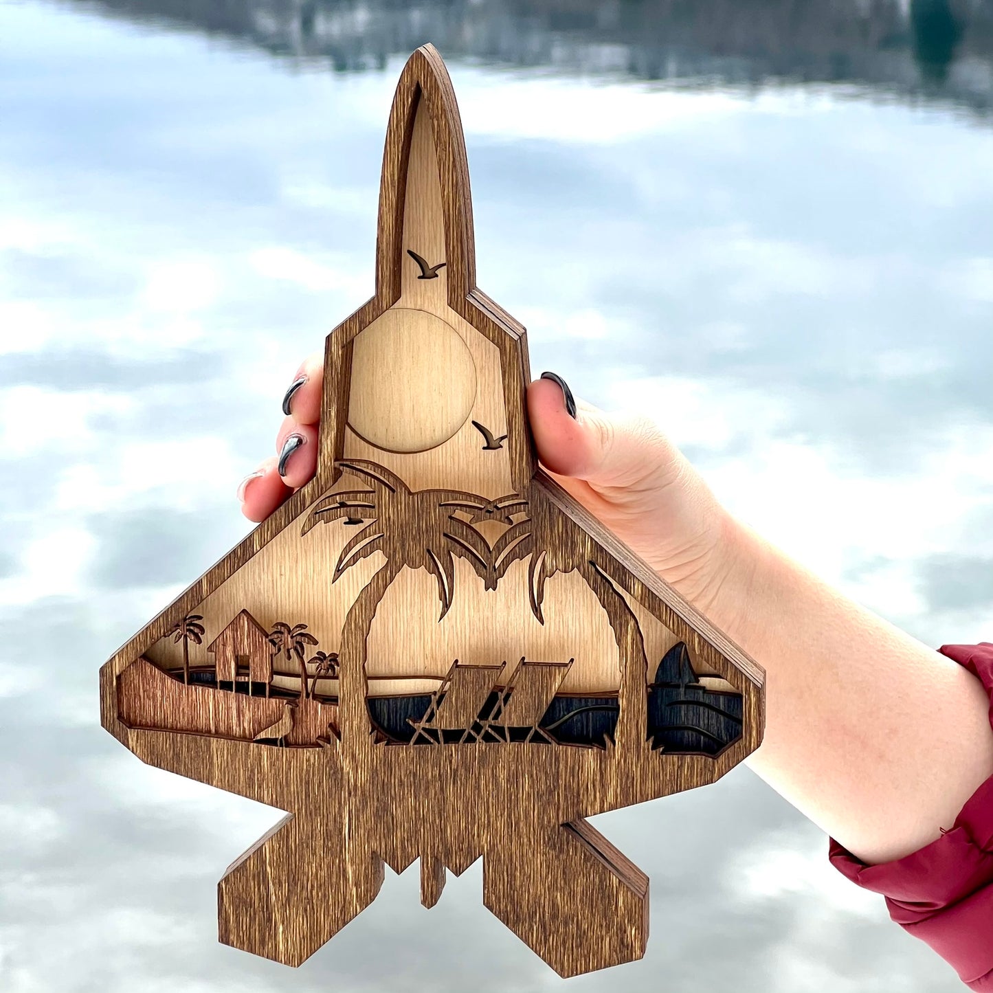 F-22 Beach Scene 3D Layered Silhouette