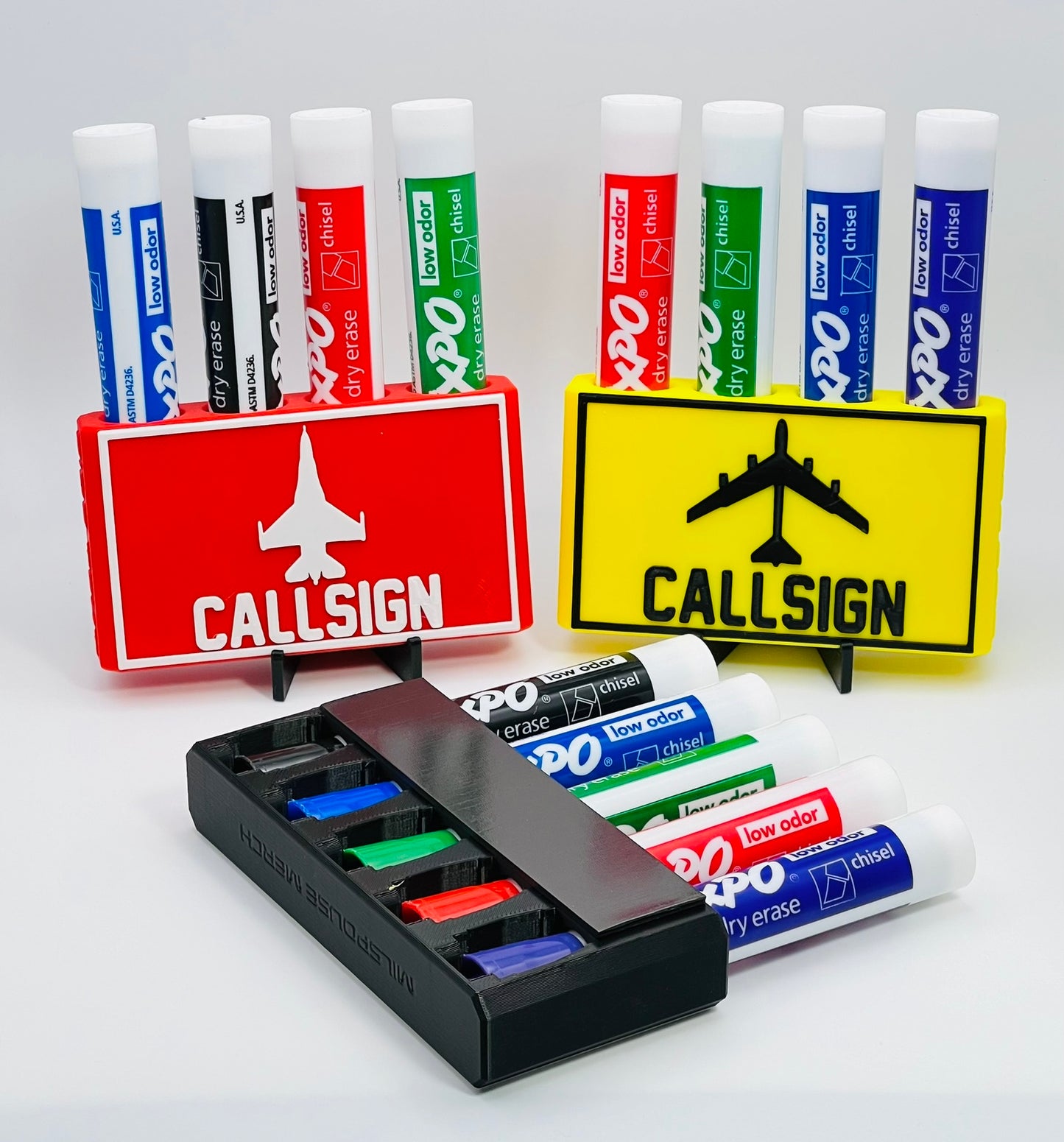 Custom Dry Erase Marker Holders that can have Callsigns, Jet silhouettes, and Side Text added to them. Jets include A-10, F-15, F-16, F-18, F-22, F-35, B-1, B-2, B-52, E-3, Mq-9, T-6, T-8, C-17, C-130, E-8, U-28. A perfect gift for military pilots.