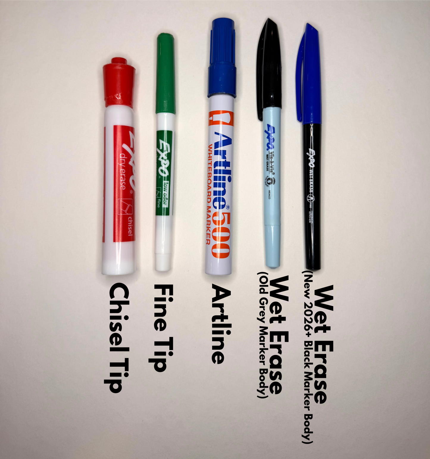 Five markers with different tips and colors on a plain background