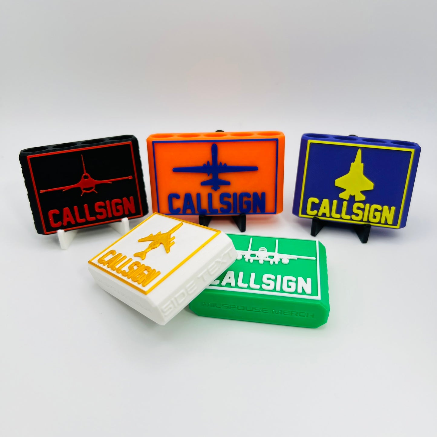 Custom Dry Erase Marker Holders that can have Callsigns, Jet silhouettes, and Side Text added to them. Jets include A-10, F-15, F-16, F-18, F-22, F-35, B-1, B-2, B-52, E-3, Mq-9, T-6, T-8, C-17, C-130, E-8, U-28.  A perfect gift for military pilots. Available in Chisel Tip, Fine Tip and Visa-Vi.