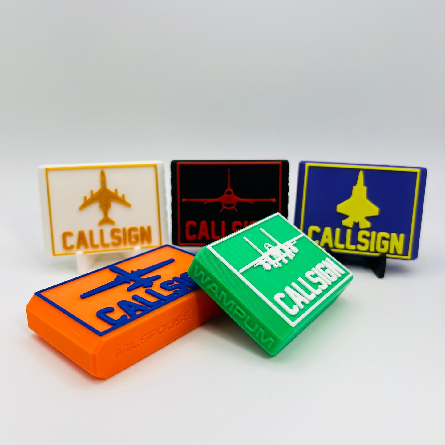 Custom Dry Erase Marker Holders that can have Callsigns, Jet silhouettes, and Side Text added to them. Jets include A-10, F-15, F-16, F-18, F-22, F-35, B-1, B-2, B-52, E-3, Mq-9, T-6, T-8, C-17, C-130, E-8, U-28.  A perfect gift for military pilots. Available in Chisel Tip, Fine Tip and Visa-Vi.